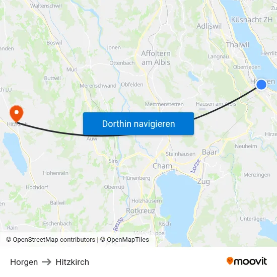 Horgen to Hitzkirch map