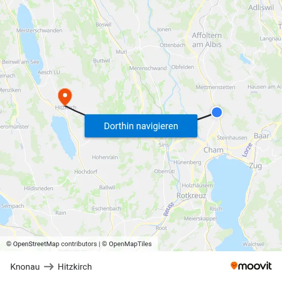 Knonau to Hitzkirch map