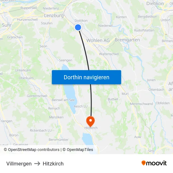 Villmergen to Hitzkirch map