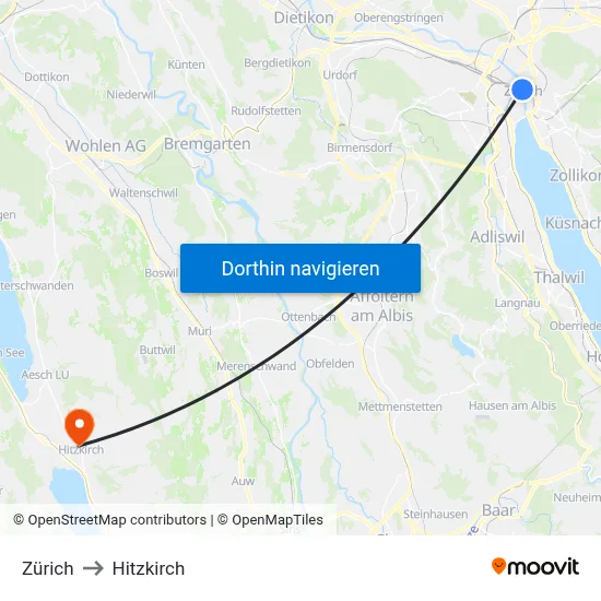 Zürich to Hitzkirch map