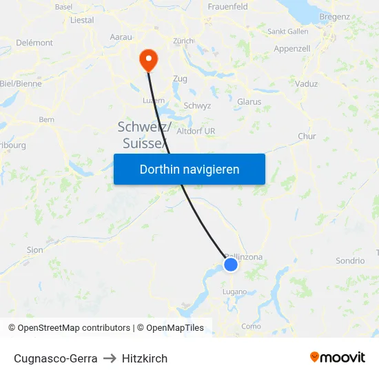Cugnasco-Gerra to Hitzkirch map