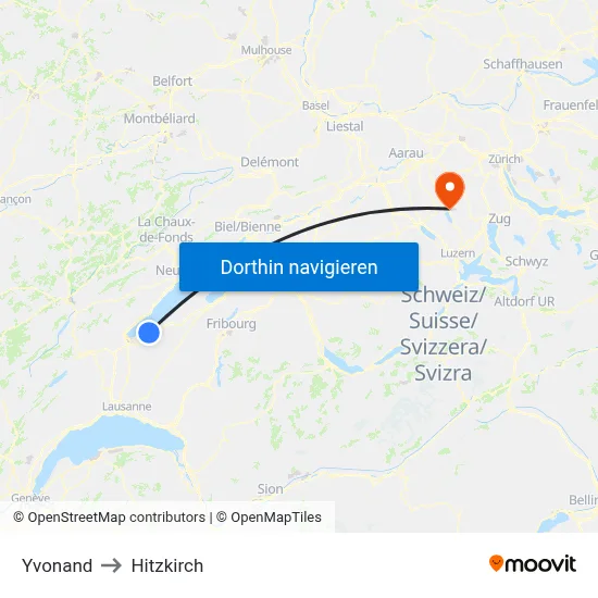 Yvonand to Hitzkirch map