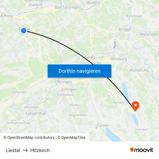 Liestal to Hitzkirch map