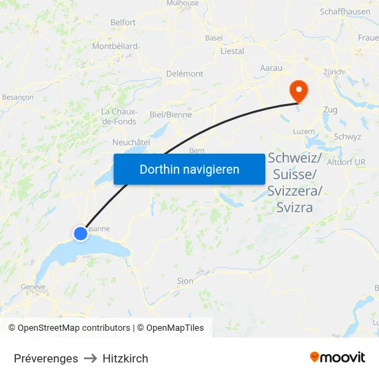 Préverenges to Hitzkirch map