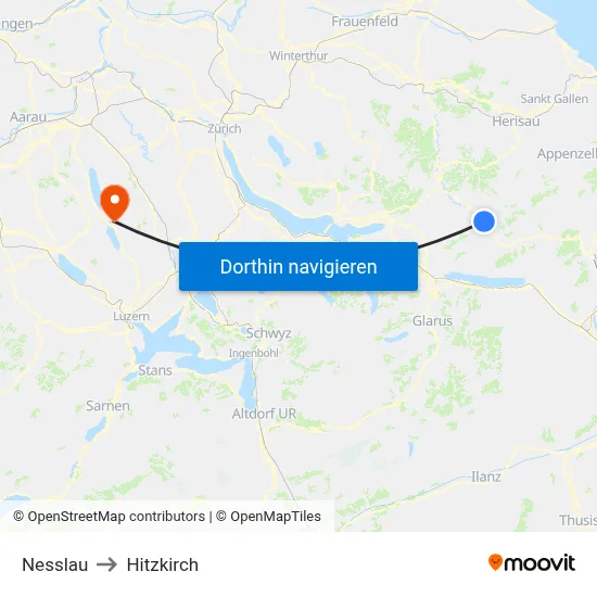 Nesslau to Hitzkirch map