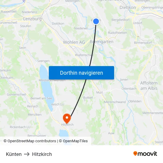 Künten to Hitzkirch map