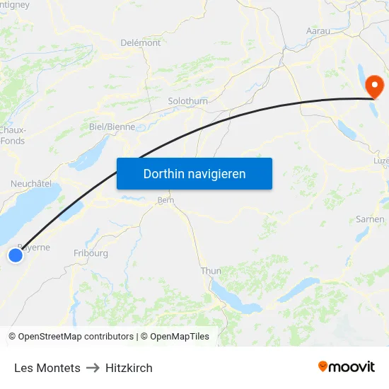 Les Montets to Hitzkirch map