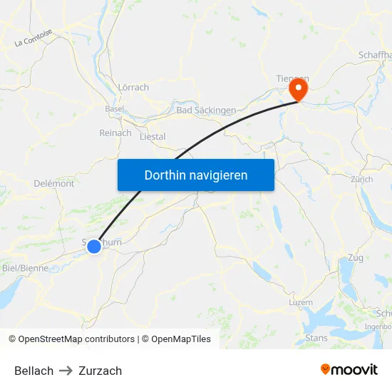 Bellach to Zurzach map