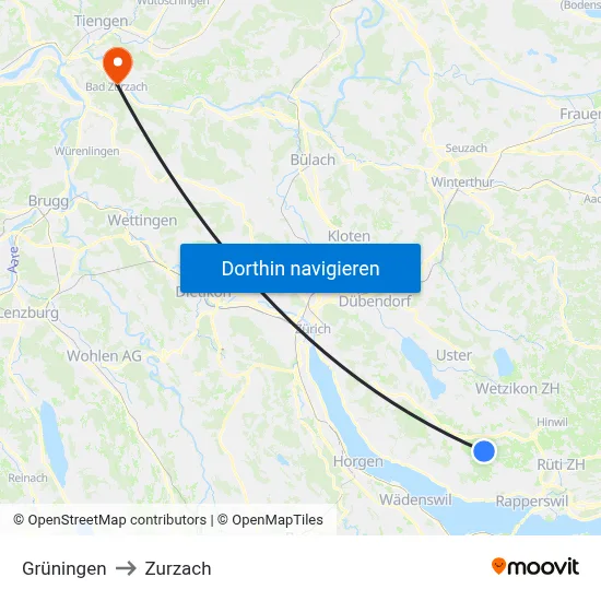 Grüningen to Zurzach map