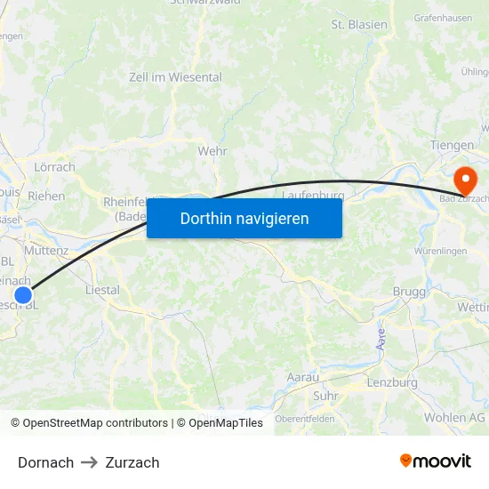 Dornach to Zurzach map