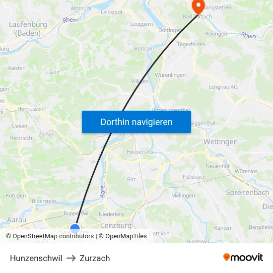 Hunzenschwil to Zurzach map
