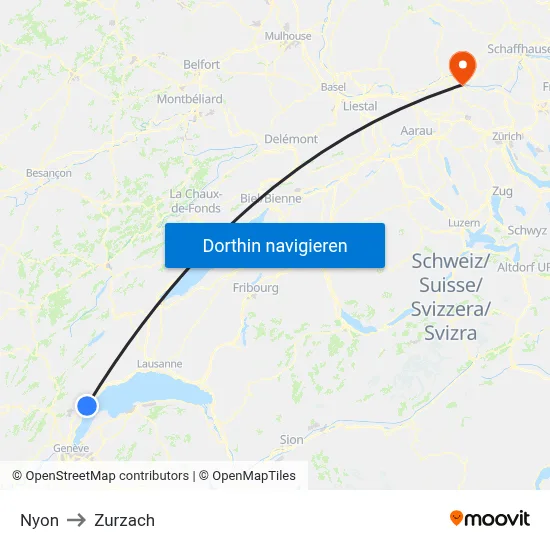 Nyon to Zurzach map