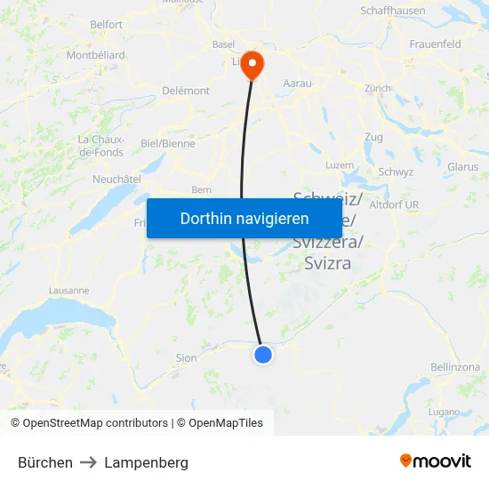 Bürchen to Lampenberg map