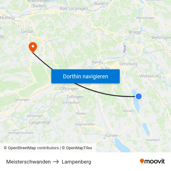 Meisterschwanden to Lampenberg map