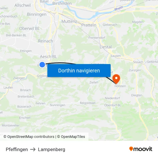 Pfeffingen to Lampenberg map