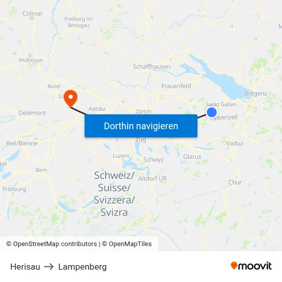 Herisau to Lampenberg map