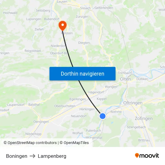 Boningen to Lampenberg map