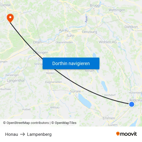 Honau to Lampenberg map