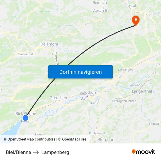 Biel/Bienne to Lampenberg map