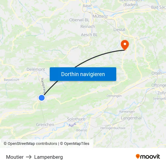 Moutier to Lampenberg map
