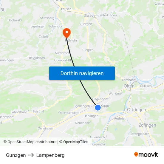 Gunzgen to Lampenberg map