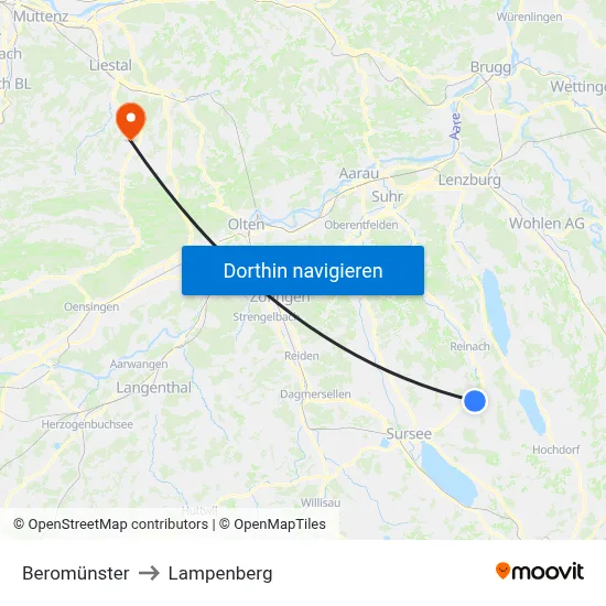 Beromünster to Lampenberg map