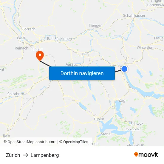Zürich to Lampenberg map