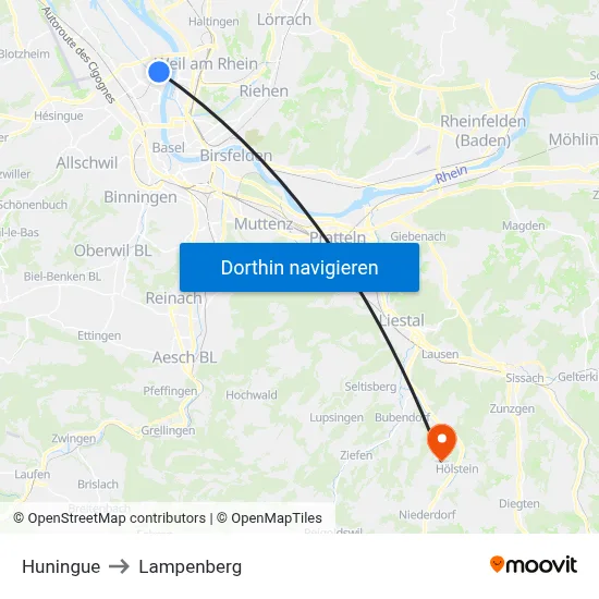 Huningue to Lampenberg map