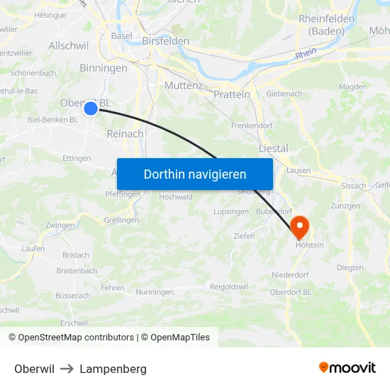Oberwil to Lampenberg map