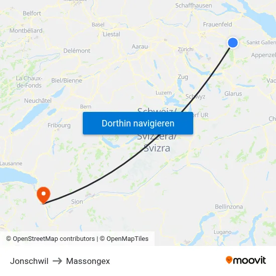 Jonschwil to Massongex map