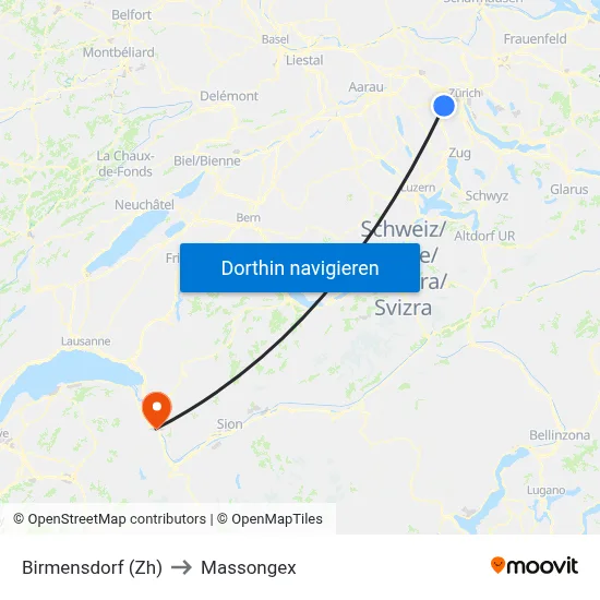 Birmensdorf (Zh) to Massongex map