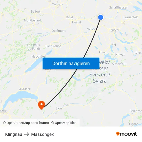 Klingnau to Massongex map