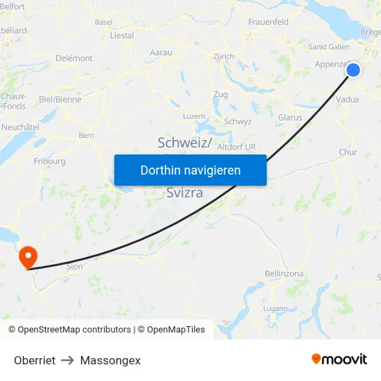 Oberriet to Massongex map