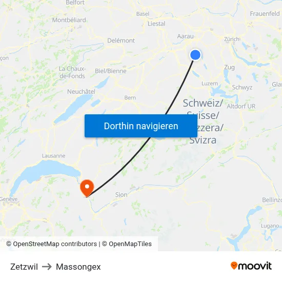 Zetzwil to Massongex map