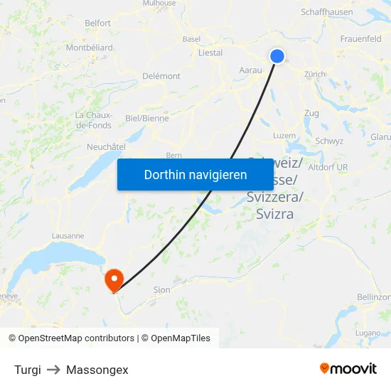 Turgi to Massongex map