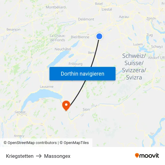 Kriegstetten to Massongex map