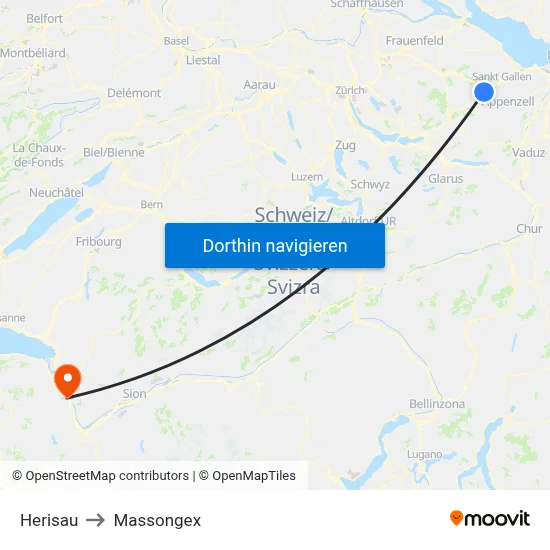 Herisau to Massongex map