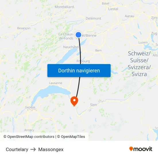 Courtelary to Massongex map