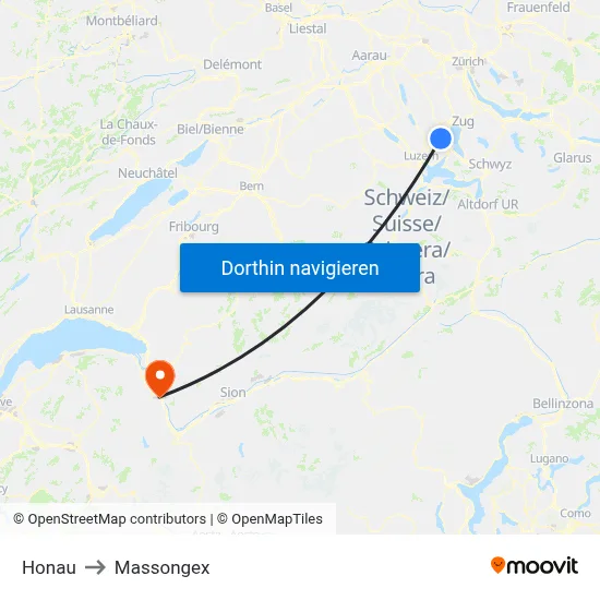 Honau to Massongex map