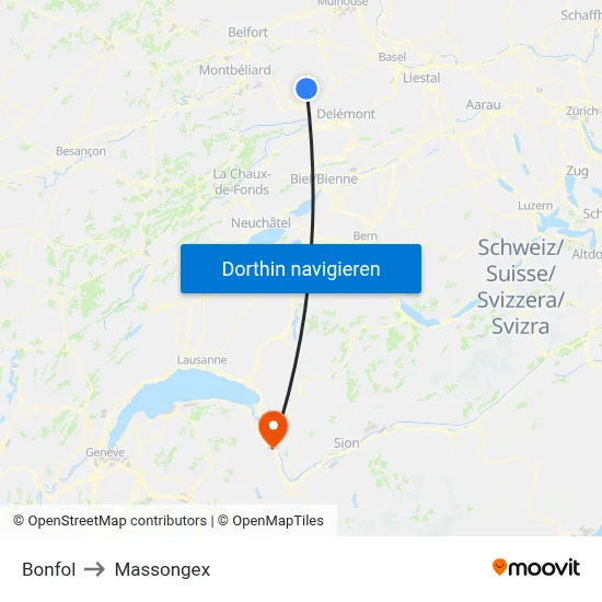 Bonfol to Massongex map