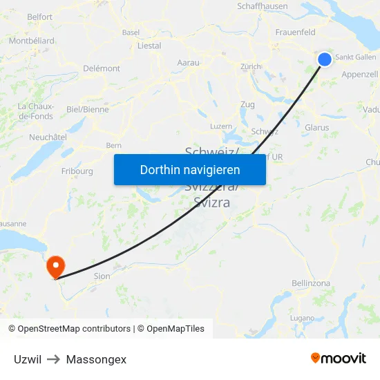 Uzwil to Massongex map