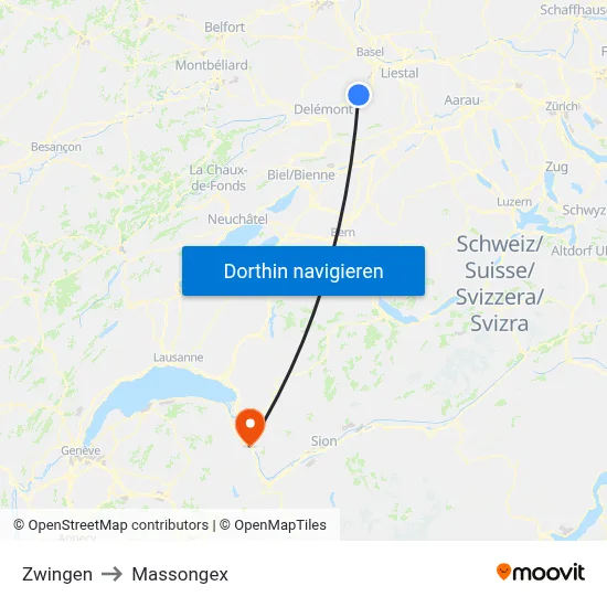 Zwingen to Massongex map
