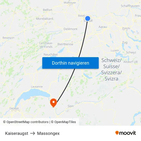 Kaiseraugst to Massongex map