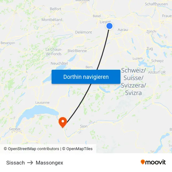 Sissach to Massongex map