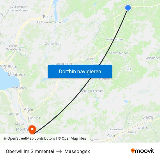 Oberwil Im Simmental to Massongex map