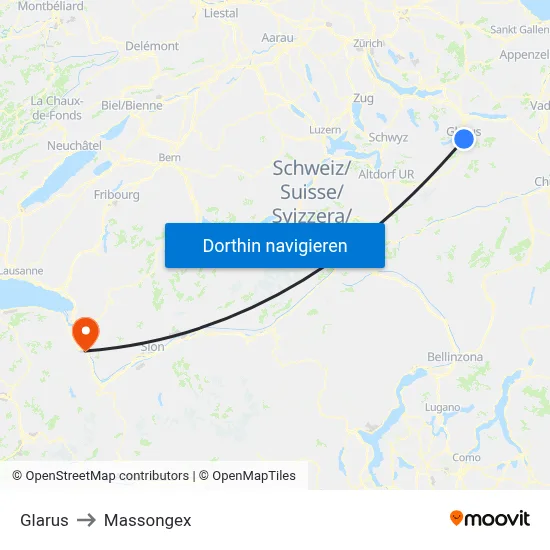 Glarus to Massongex map