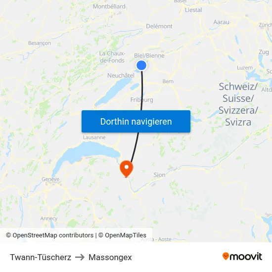 Twann-Tüscherz to Massongex map