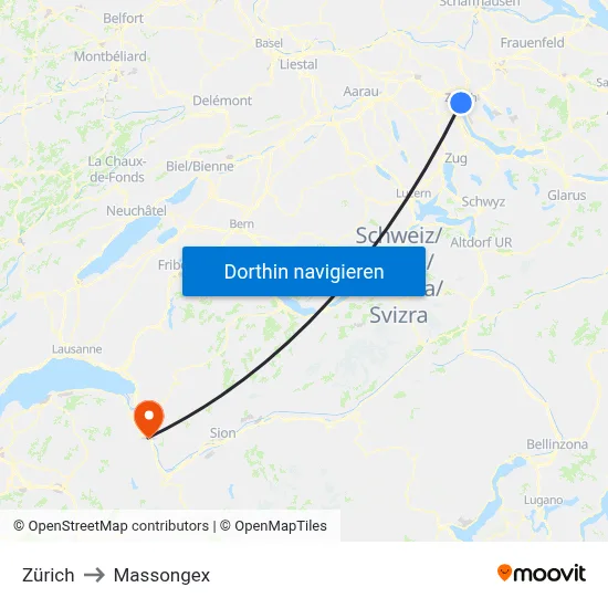 Zürich to Massongex map