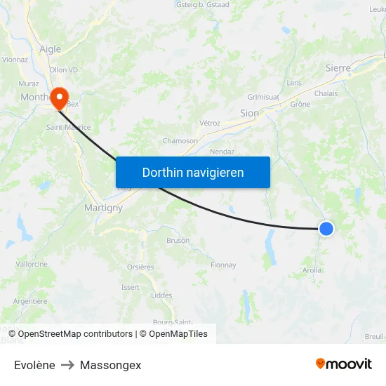 Evolène to Massongex map