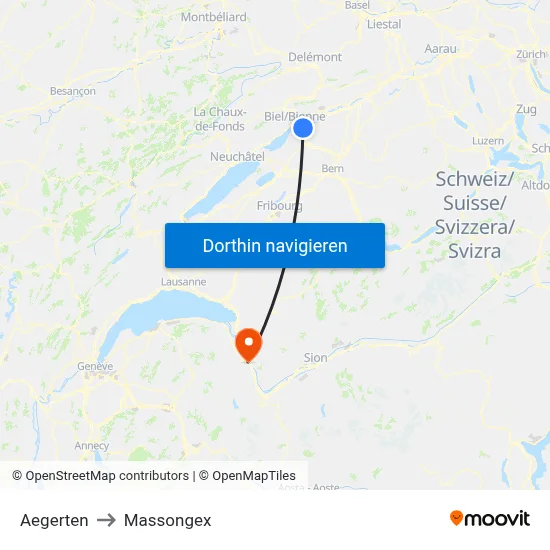 Aegerten to Massongex map